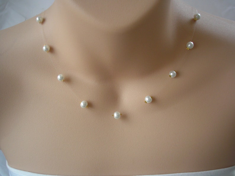 Simple Floating Pearls Necklace, Delicate Pearl Illusion Necklace