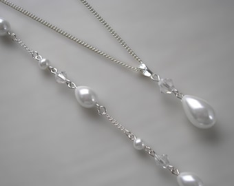 Teardrop Pearl Backdrop Necklace for Women Brides Bridesmaid Gift, Pearl and Crystal Back Necklace, Bridal Backdrop for a Wedding Dress Gown
