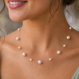 Floating Illusion Pearl Necklace for Women Girls Brides Bridesmaids Weddings, Handmade with White or Ivory Glass Pearls Silver or Gold Clasp