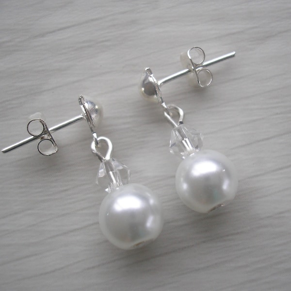 Simple Dainty Pearl and Crystal Drop Dangle Earrings for Women Girls Brides Bridesmaids Gift, Glass Pearls on Hooks Studs or Clip-ons