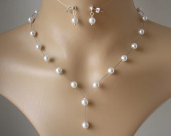 Dainty Pearl Drop Necklace and Earrings Jewelry Set for Brides, Pearls on Silver or Gold Wire Necklace for Bridesmaids Wedding Party Gift