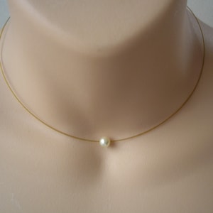 Dainty Pearl on Silver or Gold Wire, Floating Pearl Necklace for Women Girls Ladies Brides Weddings, Minimalist Choker for Prom Party Gift