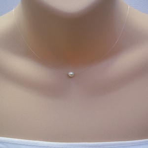 Dainty Necklace, Single Pearl floating on fine clear illusion cord, Minimalist jewelry for her, Pearl Necklace for Brides Bridesmaid Wedding