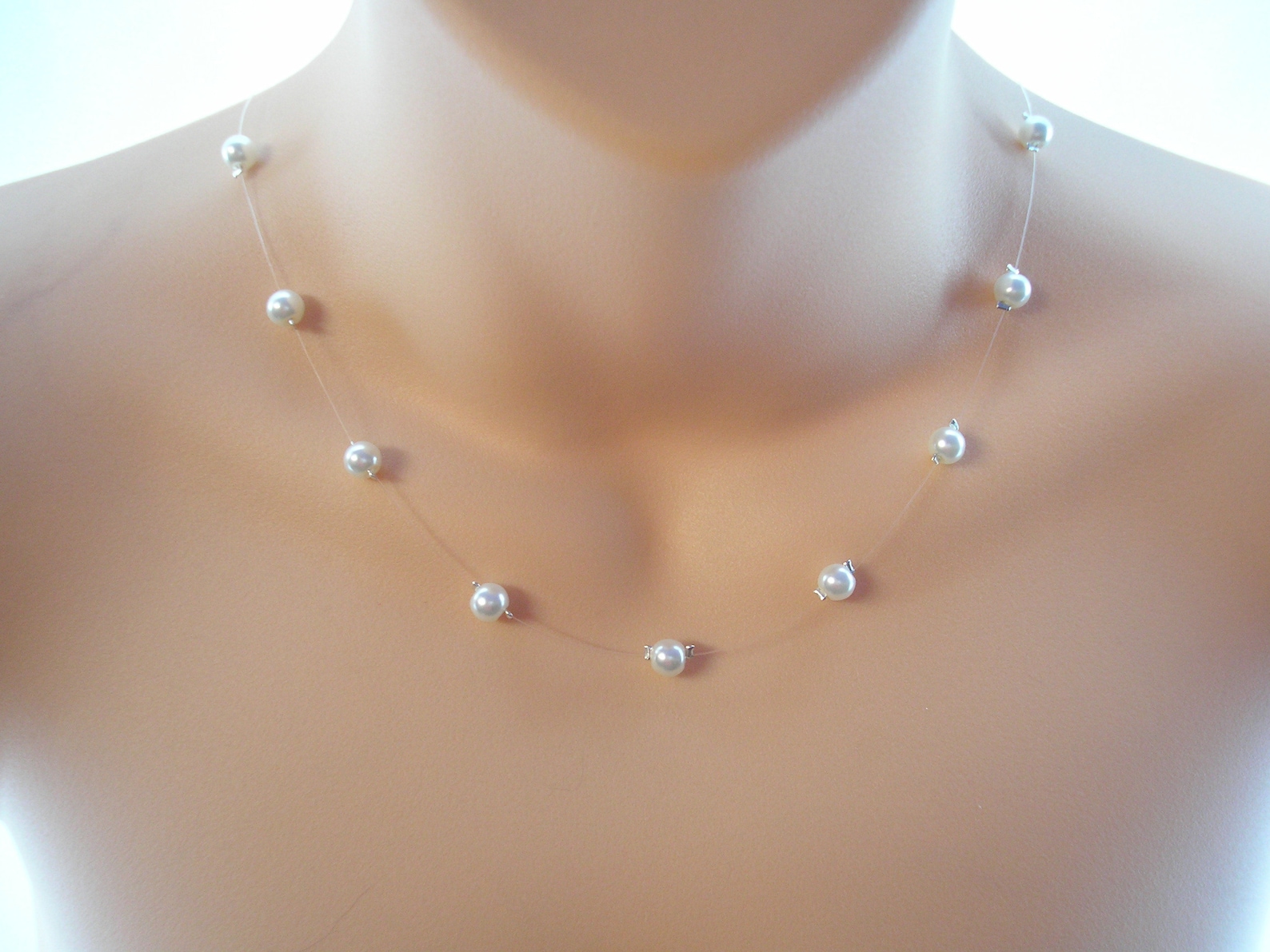 Simple Floating Pearls Necklace, Delicate Pearl Illusion Necklace