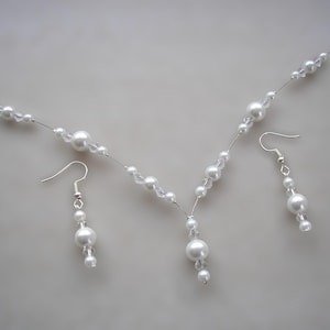 Dainty Pearl Drop Necklace and Drop Dangle Earrings Jewellery Set for Women Brides Bridesmaids Weddings Proms