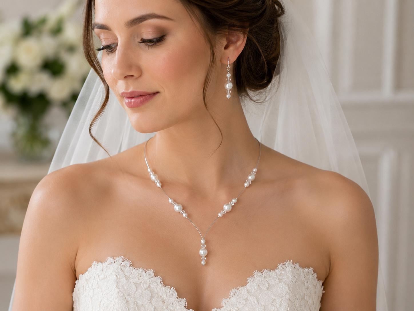 Pearl Bridal Jewelry Set: Dangle Earrings & Crystal Drop Necklace for…