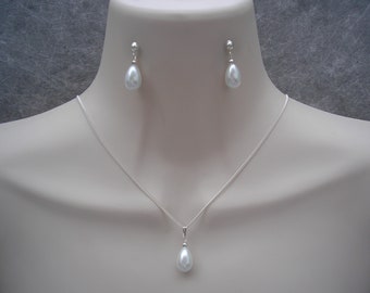 Pearl Teardrop Necklace & Earrings Jewellery Set, Ivory Cream White or Black Pear drop on Silver or Gold plated Chain Drop Dangle Studs