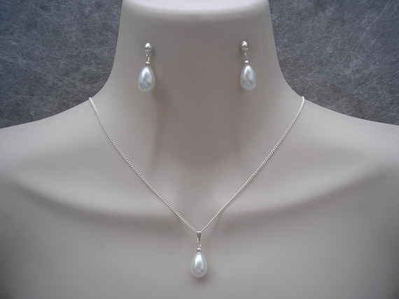 Pearl Teardrop Necklace & Earrings Jewellery Set, Ivory Cream White or Black Pear drop on Silver or Gold plated Chain Drop Dangle Studs