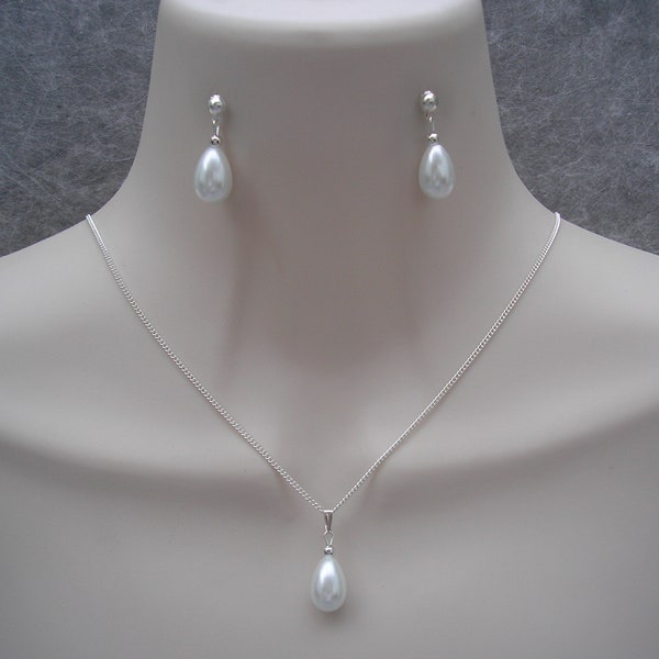 Pearl Teardrop Necklace & Earrings Jewellery Set, Ivory Cream White or Black Pear drop on Silver or Gold plated Chain Drop Dangle Studs