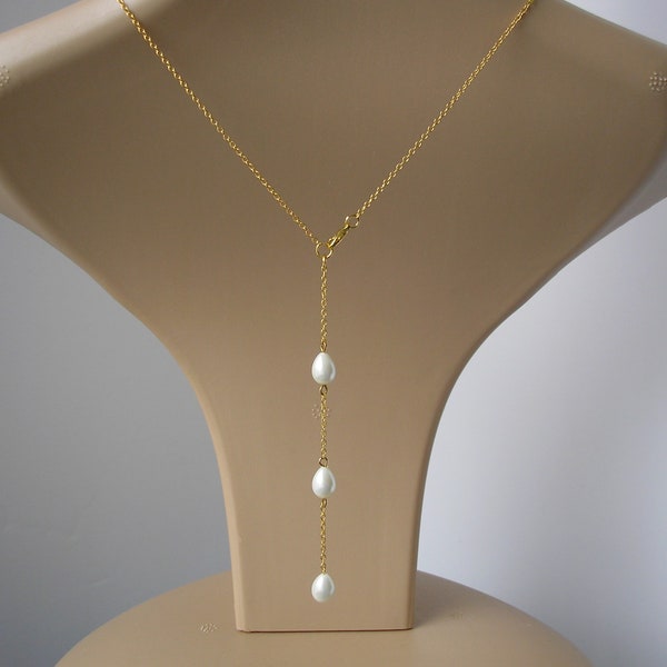 Dainty Pearl Bridal Back drop Necklace, Backdrop Necklace for a Wedding Dress, Teardrop Pearls on Silver Gold or Rose Gold plated Back Chain