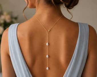 Dainty Pearl Bridal Back drop Necklace, Backdrop Necklace for a Wedding Dress, Teardrop Pearls on Silver Gold or Rose Gold plated Back Chain