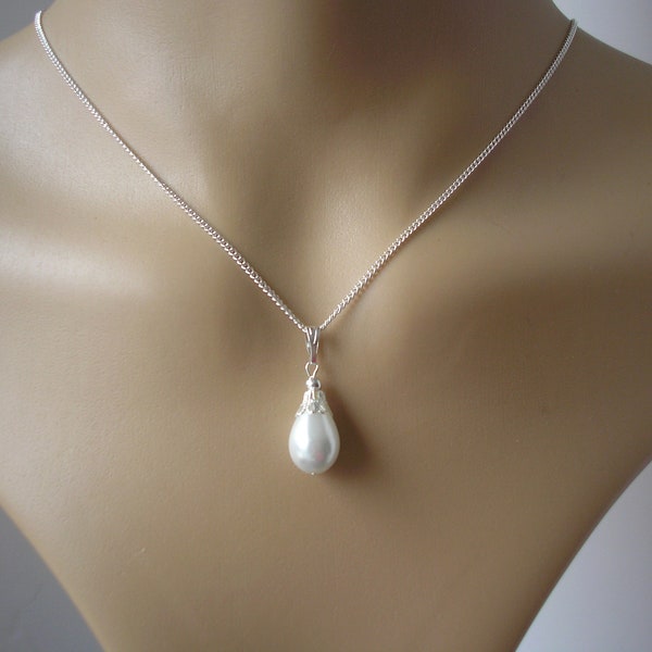 Vintage Style Teardrop Pearl Necklace, Quality Pear shaped Pearl Drop Pendant on Silver or Gold plated chain, Bridal Bridesmaids Gift Party