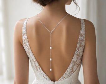 Teardrop Pearl and Pave Diamante Ball Back Necklace for a Wedding Dress, Backdrop Necklace for Brides Bridesmaids Low Back Dress
