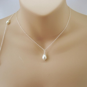 Dainty Pearl Backdrop Necklace for an Open Backed Dress, Teardrop Pearls on fine Silver Gold or Rose Gold plated Back Chain