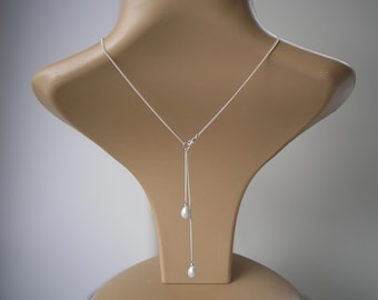 Teardrop Pearl Backdrop Necklace, Bridal Jewelry, Silver or Gold Back Chain for Wedding Proms Open Low and Backless Dresses, Minimalist Gift