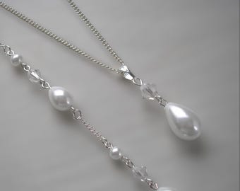 Teardrop Pearl Backdrop Necklace for Women Brides Bridesmaid Gift, Pearl and Crystal Back Necklace