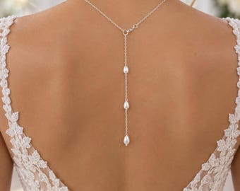 Collar delicado de perlas con cadena plateada, dorada o rosa, joyería nupcial para la espalda de novias, damas de honor y vestidos de novia sin espalda.
