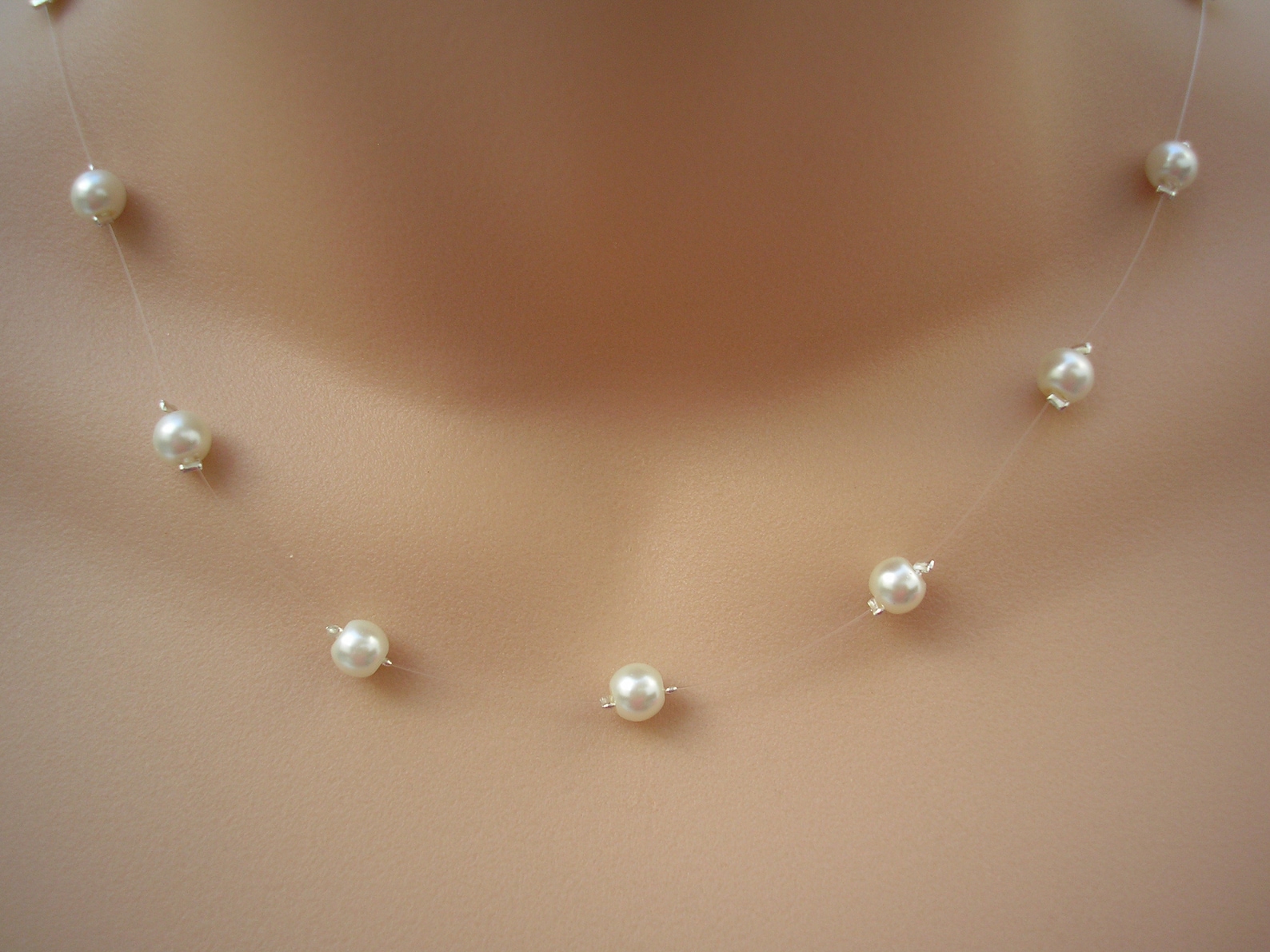 Simple Floating Pearls Necklace, Delicate Pearl Illusion Necklace