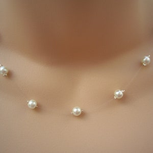 Floating Pearl Illusion Necklace, Simple Bridal Necklace, Bridesmaid Jewelry, Wedding accessory, Brides Pearl Necklace for Women, Handmade