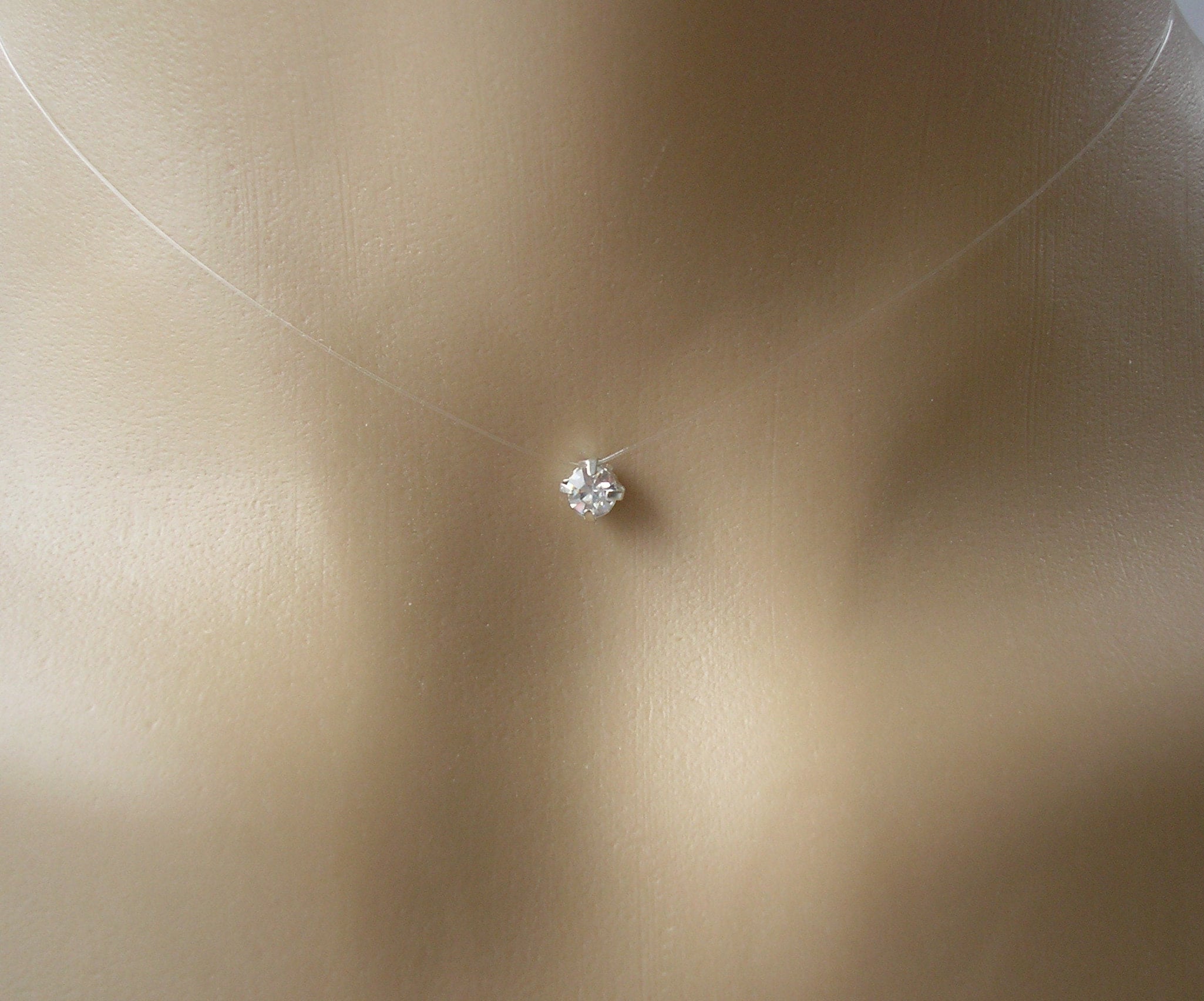 Tiny Simple Floating Illusion Solitaire Crystal Necklace, Very Dainty 4mm CZ Silver Plated Crystal on clear Illusion cord, Letterbox Gift