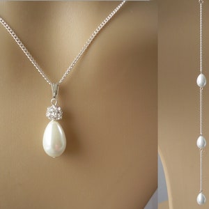 Teardrop Pearl and Pave Diamante Ball Back Necklace for a Wedding Dress, Backdrop Necklace for Brides Bridesmaids Low Back Dress