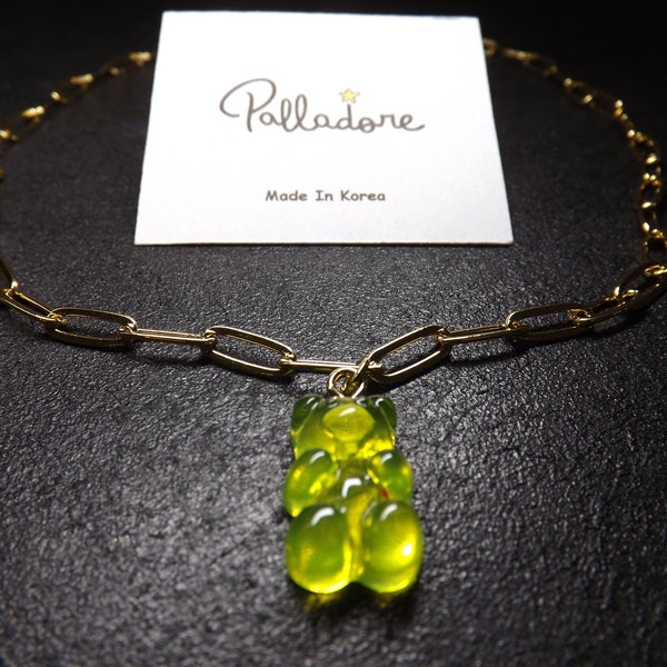 Pendentif Gummy Bear coloré avec collier Choker de chaîne de câble en or, cadeau pour elle, fabriqué en Corée, collier de chaîne en or Teddy Bear femmes