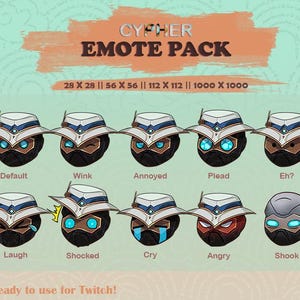 Peut inclure: Un ensemble de 10 émoticônes Twitch animées représentant un personnage avec un chapeau blanc et un masque noir. Les émoticônes représentent différentes expressions, notamment par défaut, clin d'œil, agacé, plaider, hein, rire, choqué, pleurer, en colère et secoué. Les émoticônes sont disponibles en différentes tailles, notamment 28x28, 56x56, 112x112 et 1000x1000 pixels.