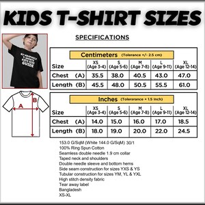 May include: Black t-shirt with "KIDS T-SHIRT SIZES" text and size specifications. Chest measurements range from 14.0 to 18.5 inches, and length from 18.0 to 24.5 inches. Includes a size guide and product details.