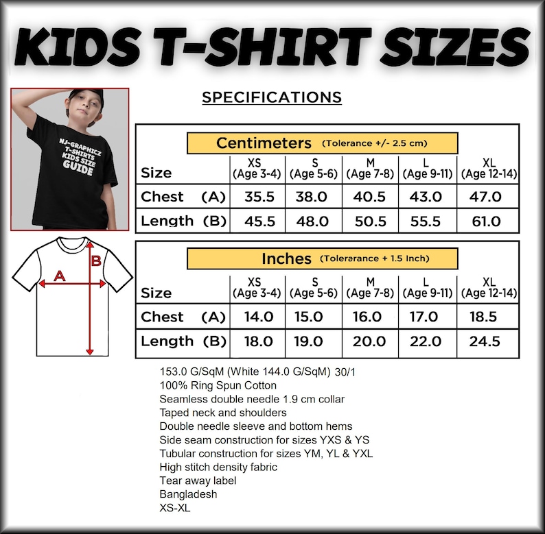 May include: Black t-shirt with "KIDS T-SHIRT SIZES" text and size specifications. Chest measurements range from 14.0 to 18.5 inches, and length from 18.0 to 24.5 inches. Includes a size guide and product details.