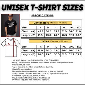 May include: A size chart for unisex t-shirts, with measurements in inches and centimeters. The chart includes chest and length measurements for sizes S through 3XL. A person wearing a black t-shirt is shown in the corner.