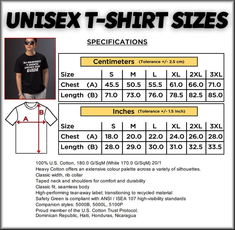 May include: A size chart for unisex t-shirts, with measurements in inches and centimeters. The chart includes chest and length measurements for sizes S through 3XL. A person wearing a black t-shirt is shown in the corner.