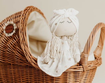 Sweet Rag doll that fits perfectly in our stroller and cradle, a beautiful gift for a baby girl, perfect gift for small mom.