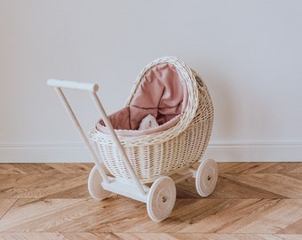 Wicker Carriage For Dolls, white wicker & beech wood doll's pram! Eco-Friendly, Vintage Natural Material, Perfect Gift, Hight Quality.