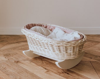Unpainted Natural Wicker Cradle with bedding For Girl, wicker & beech wood doll's Cradle Crib! Eco-Friendly, Natural Material, Perfect Gift.