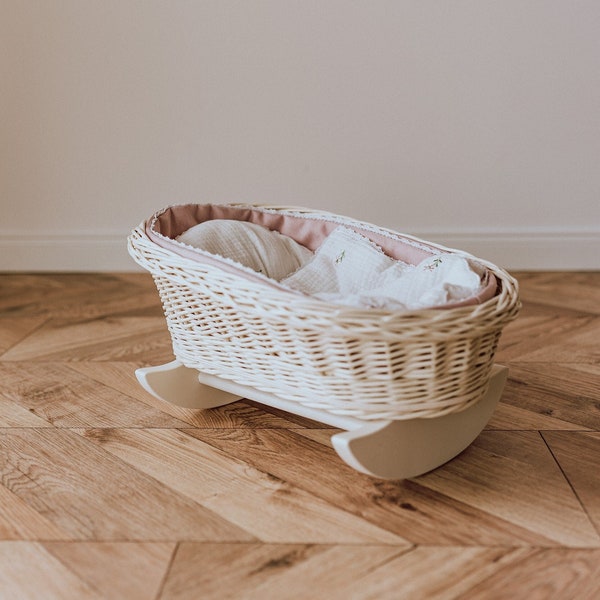 Unpainted Natural Wicker Cradle with bedding For Girl, wicker & beech wood doll's Cradle Crib! Eco-Friendly, Natural Material, Perfect Gift.