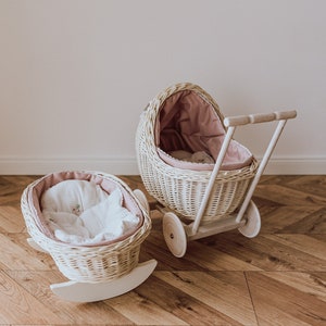 SET - Wicker carriage and cradle for dolls, white wicker & beech wood! Eco-Friendly, Vintage Natural Material, Perfect Gift, Hight Quality.