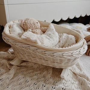Handmade Wicker Doll Cradle with Bedding: Eco-Friendly Beech Wood Crib