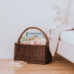 Natural Wicker basket for books, Rattan Nursery Decor, Boho Nursery Decor, Natural Product for Kid's Room, natural or dark brown color. Dark Brown