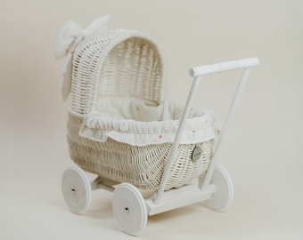 Exclusive hand-woven doll carriage, original toy for girls, white wicker stroller with bedding in boho berries, gift idea, first b-day