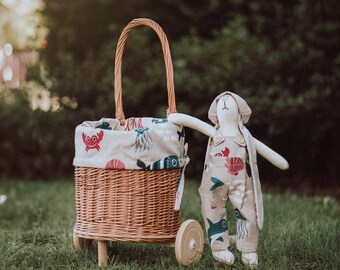 Baby set for birthday, Christmas gift, baby shower, handmade baby wicker basket and bunny cuddly toy for kids, eco wicker basket and cuddly.