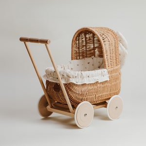 Exclusive hand-woven doll carriage, original toy for girls, natural wicker stroller with bedding in boho berries, gift idea, first b-day image 1