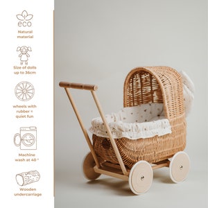 Exclusive hand-woven doll carriage, original toy for girls, natural wicker stroller with bedding in boho berries, gift idea, first b-day image 8