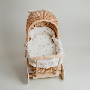 Exclusive hand-woven doll carriage, original toy for girls, natural wicker stroller with bedding in boho berries, gift idea, first b-day image 7
