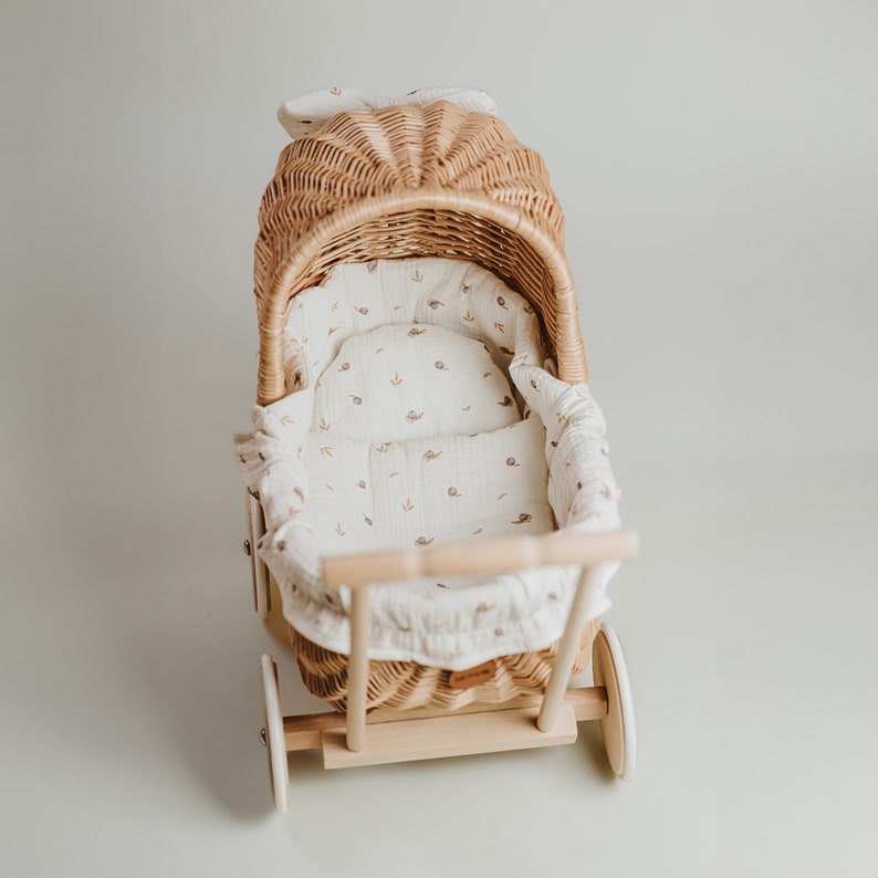 Exclusive hand-woven doll carriage, original toy for girls, natural wicker stroller with bedding in boho berries, gift idea, first b-day image 7