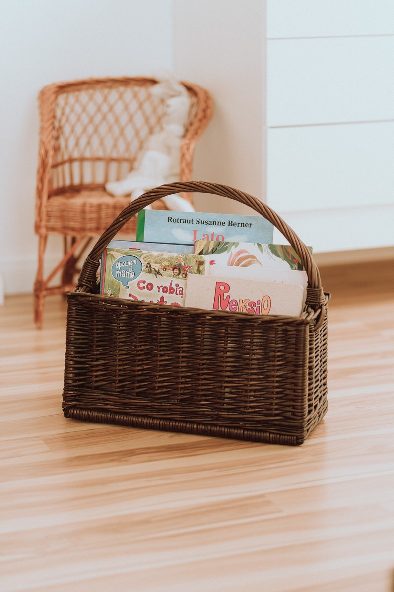 Natural Wicker basket for books, Rattan Nursery Decor, Boho Nursery Decor, Natural Product for Kid's Room, natural or dark brown color. image 4