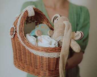 Set Gift Basket for Baby Boy, Organic Wicker Basket of Gifts for a newborn baby, for a Boy, Unique Gift For Baby Shower!