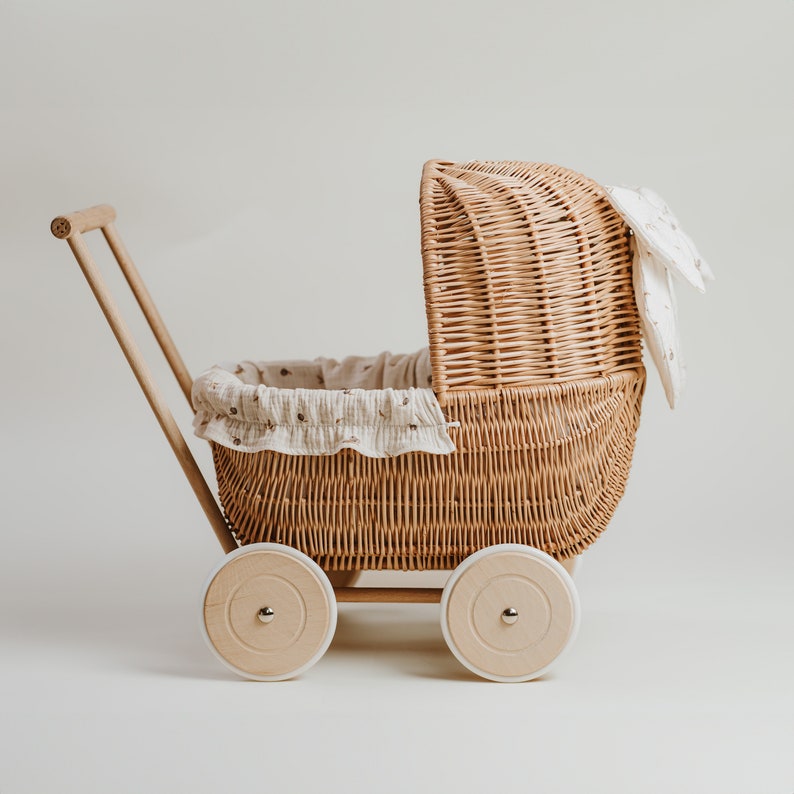 Exclusive hand-woven doll carriage, original toy for girls, natural wicker stroller with bedding in boho berries, gift idea, first b-day image 2