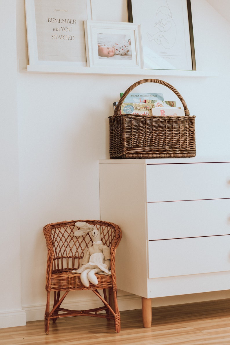 Natural Wicker basket for books, Rattan Nursery Decor, Boho Nursery Decor, Natural Product for Kid's Room, natural or dark brown color. image 8