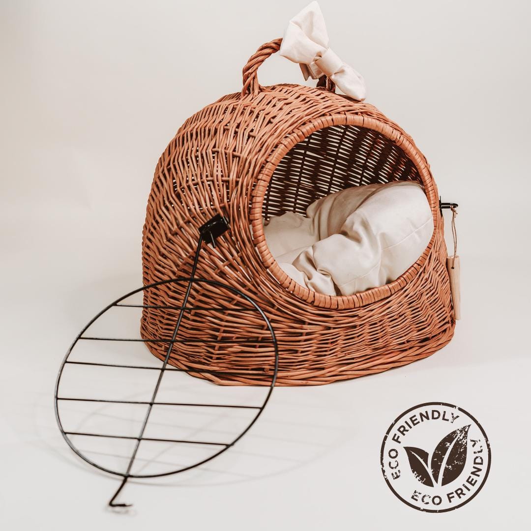 クッション付き天然籐ペットキャリア - 小型犬・猫用バスケット - Etsy