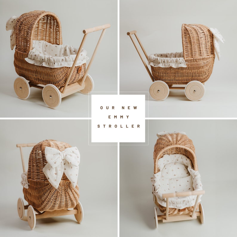 Exclusive hand-woven doll carriage, original toy for girls, natural wicker stroller with bedding in boho berries, gift idea, first b-day image 10